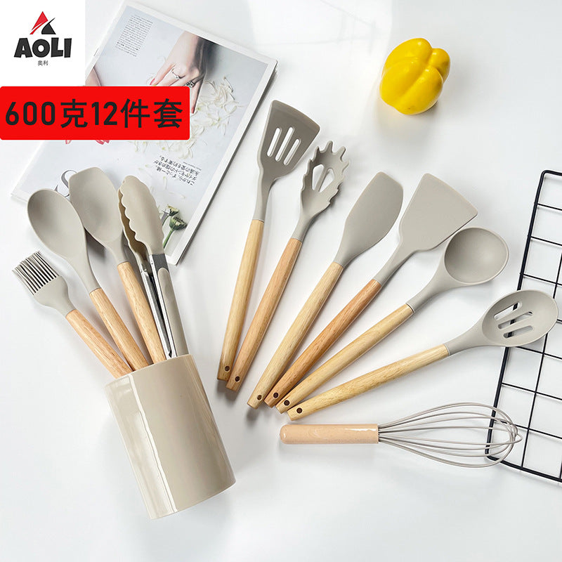 Wholesale Wooden Handle Silicone Kitchenware 12 Pieces suit Household Non-Stick Cooking High Temperature Resistant Cooking Silicone Spoon suit
